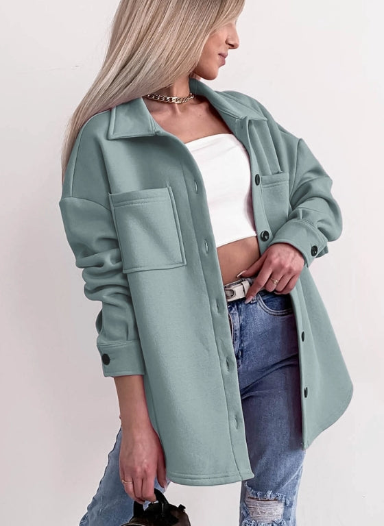 Button Up Shacket with Pockets- Sage