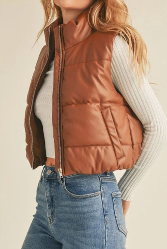 Faux Leather Quilted Puffer Vest