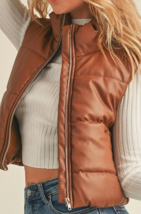 Faux Leather Quilted Puffer Vest