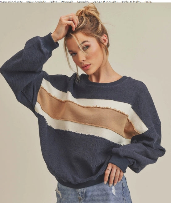 Raw Hem Striped Sweatshirt -Navy/Ivory/Tan