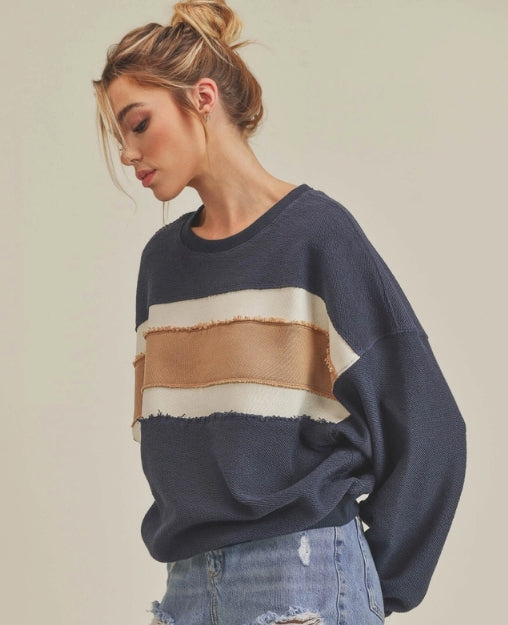 Raw Hem Striped Sweatshirt -Navy/Ivory/Tan
