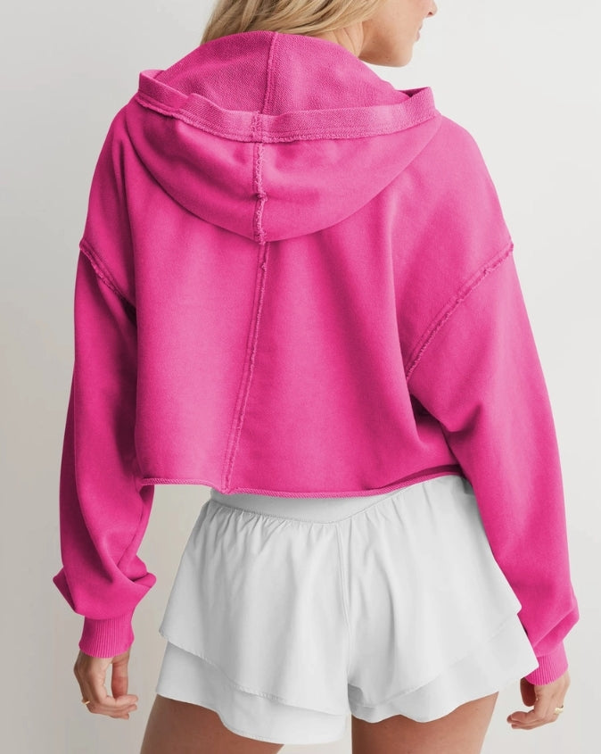 Balloon Sleeve V Neck Cropped Hoodie