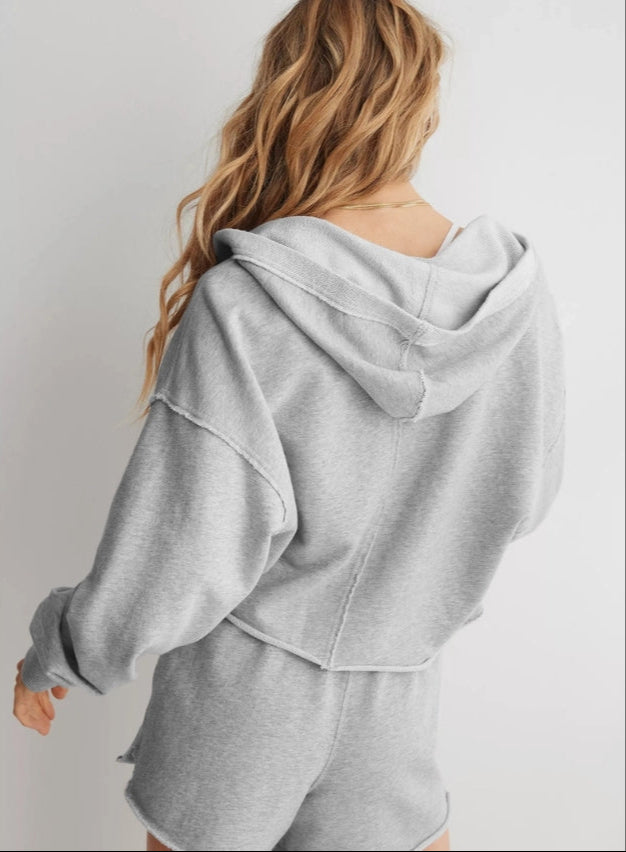 Balloon Sleeve V Neck Cropped Hoodie