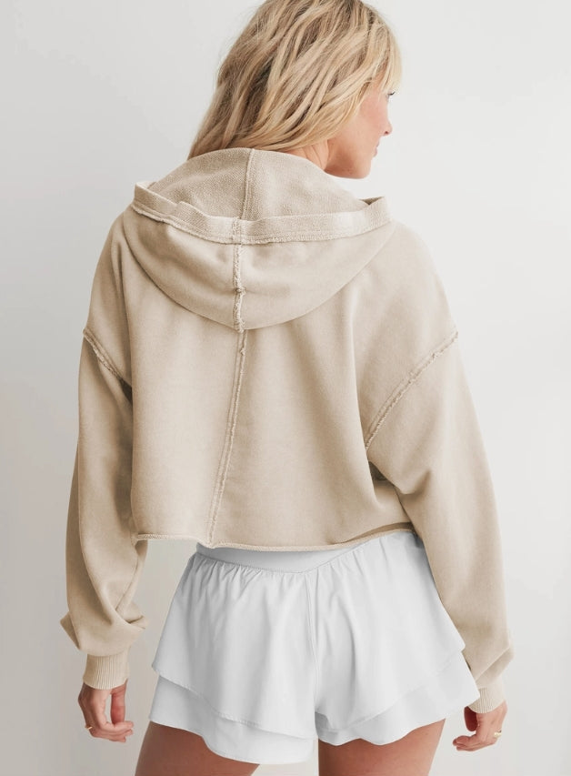 Balloon Sleeve V Neck Cropped Hoodie