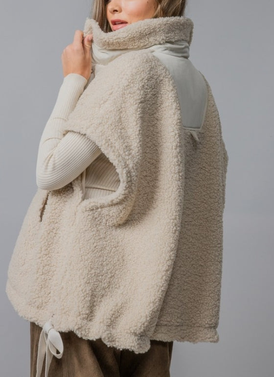 Oversized Sherpa Fleece Boho Vest- Cream