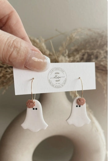 Ghost with Flower Clay Dangle Earring