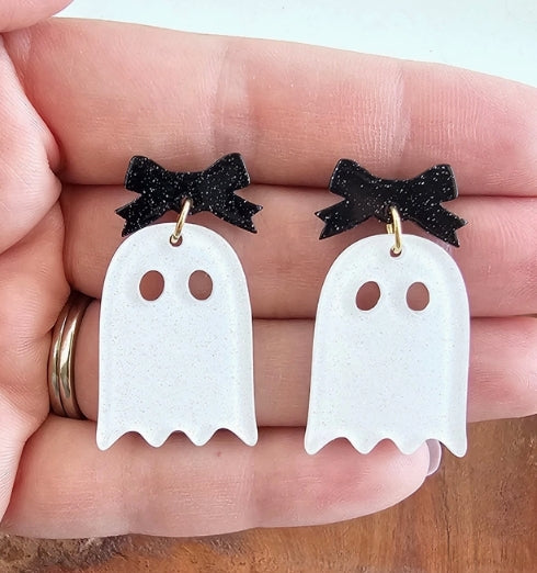 Bow Ghost Earrings- White Glitter