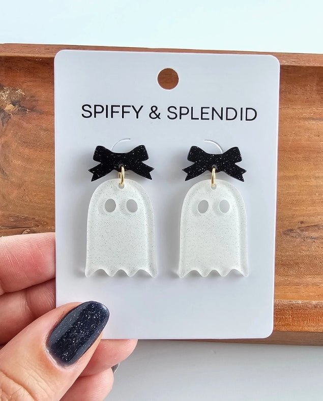 Bow Ghost Earrings- White Glitter
