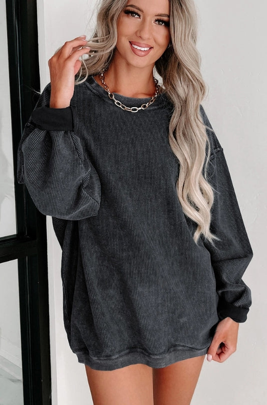 Ribbed Tunic Pullover Sweater- Charcoal