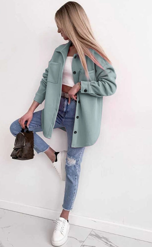 Button Up Shacket with Pockets- Sage