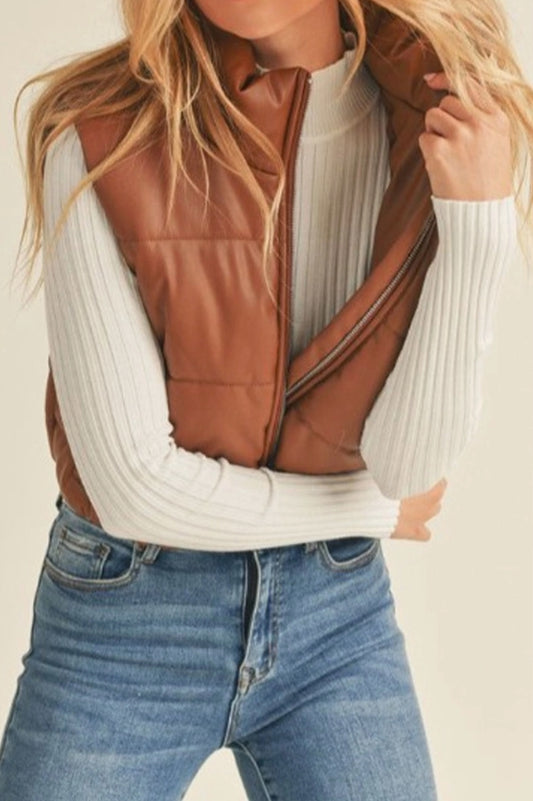 Faux Leather Quilted Puffer Vest